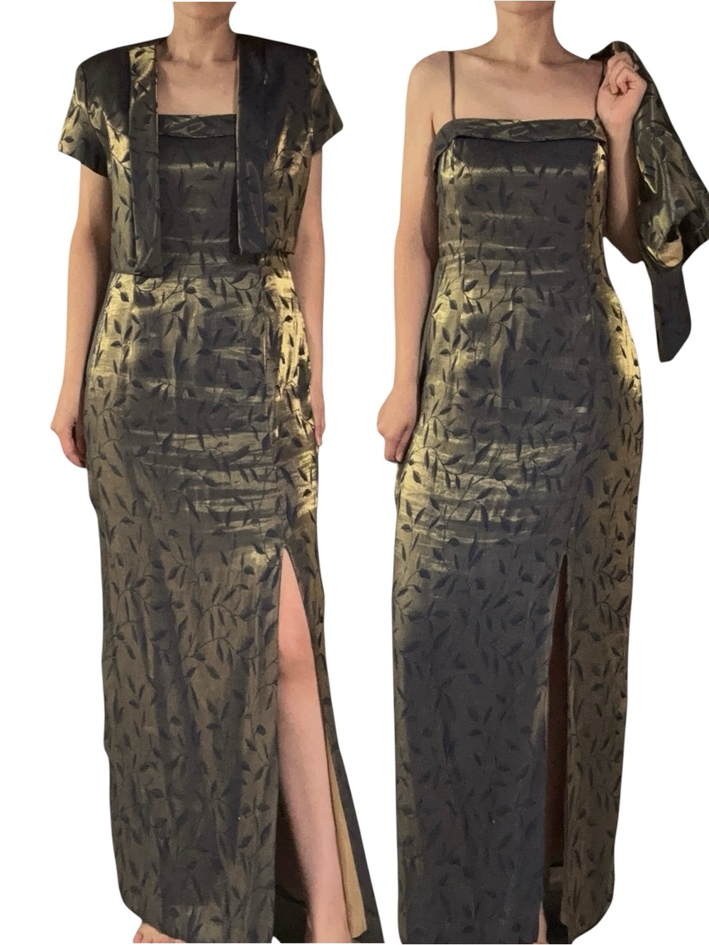 J.R. Nites | Iridescent Golden Green/Blue Leaf Print Gown + Matching Jacket